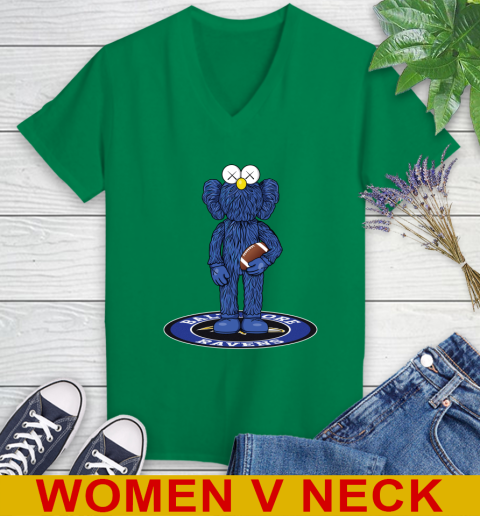 NFL Football Baltimore Ravens Kaws Bff Blue Figure Shirt Women's V-Neck T-Shirt - Image 7