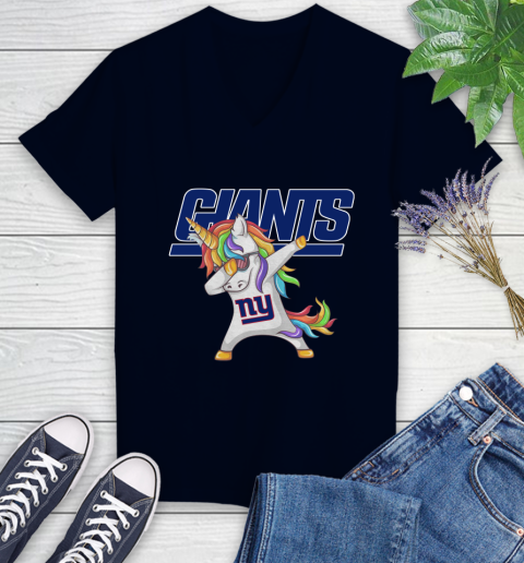 New York Giants NFL Football Funny Unicorn Dabbing Sports Women's V-Neck T-Shirt 3