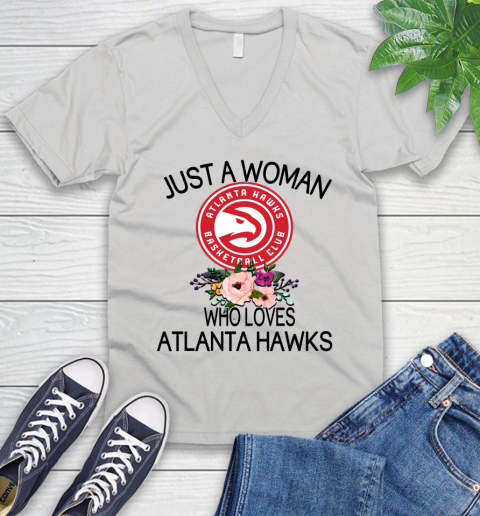NBA Just A Woman Who Loves Atlanta Hawks Basketball Sports V-Neck T-Shirt