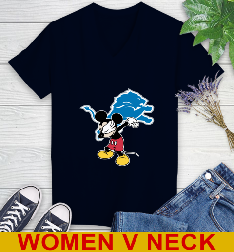 Detroit Lions NFL Football Dabbing Mickey Disney Sports Women's V-Neck T-Shirt 3