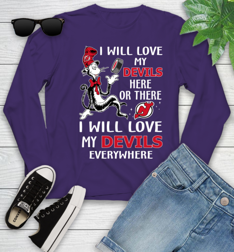 NHL Hockey New Jersey Devils I Will Love My Devils Everywhere Dr Seuss Shirt Youth Long Sleeve 4