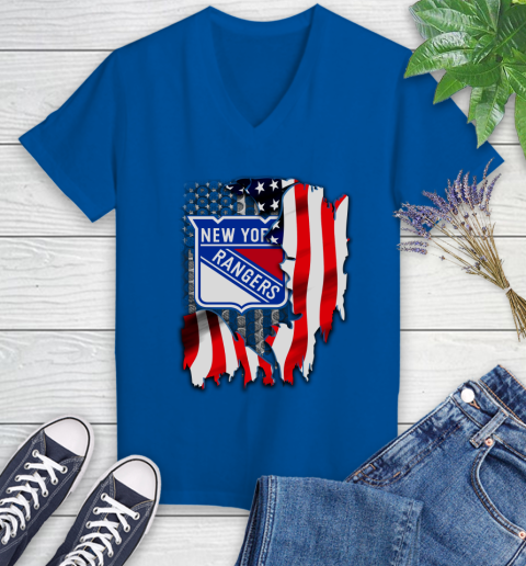 New York Rangers NHL Hockey American Flag Women's V-Neck T-Shirt 10