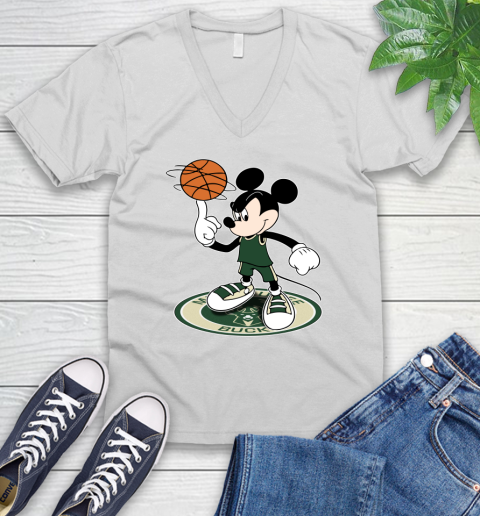 NBA Basketball Milwaukee Bucks Cheerful Mickey Disney Shirt V-Neck T-Shirt 2