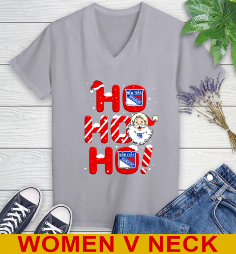 New York Rangers NHL Hockey Ho Ho Ho Santa Claus Merry Christmas Shirt Women's V-Neck T-Shirt 4