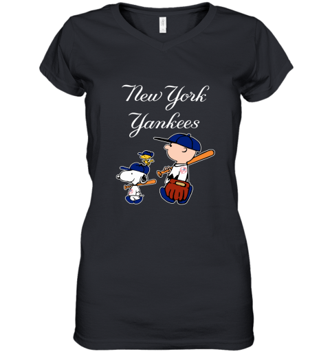 New York Yankees Let's Play Baseball Together Snoopy MLB Women's V-Neck T-Shirt