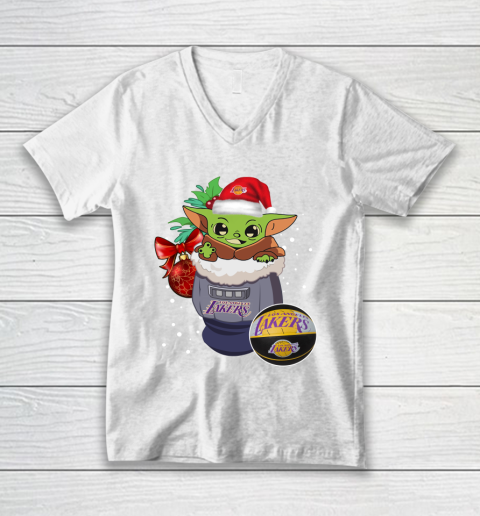 Los Angeles Lakers Christmas Baby Yoda Star Wars Funny Happy NBA V-Neck T-Shirt 2