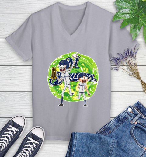 MLB Milwaukee Brewers Rick And Morty Commissioner's Trophy Baseball Sports Women's V-Neck T-Shirt 4