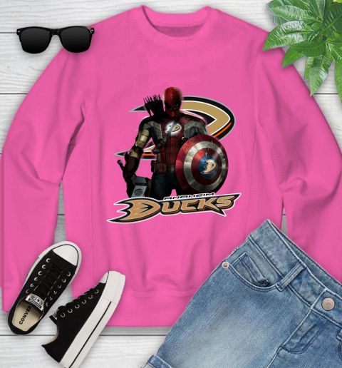NHL Captain America Thor Spider Man Hawkeye Avengers Endgame Hockey Anaheim Ducks Youth Sweatshirt 7