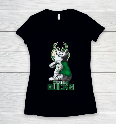 NBA Basketball My Cat Loves Milwaukee Bucks Women's V-Neck T-Shirt