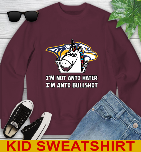 Nashville Predators NHL Hockey Unicorn I'm Not Anti Hater I'm Anti Bullshit Youth Sweatshirt 5