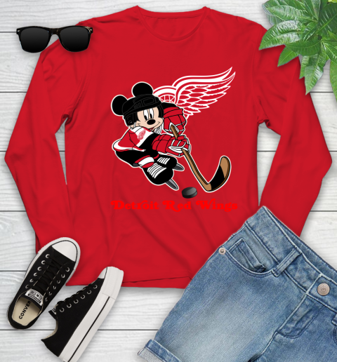 NHL Detroit Red Wings Mickey Mouse Disney Hockey T Shirt Youth Long Sleeve 11