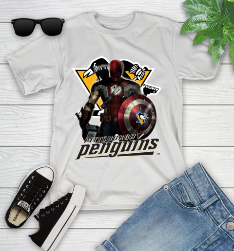 NHL Captain America Thor Spider Man Hawkeye Avengers Endgame Hockey Pittsburgh Penguins Youth T-Shirt