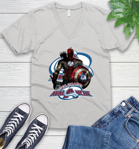 NHL Captain America Thor Spider Man Hawkeye Avengers Endgame Hockey Colorado Avalanche V-Neck T-Shirt