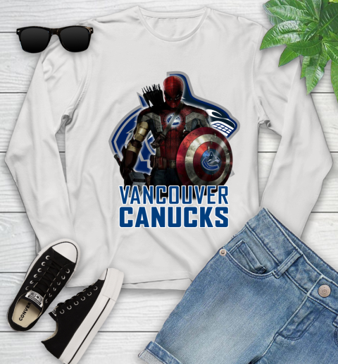 NHL Captain America Thor Spider Man Hawkeye Avengers Endgame Hockey Vancouver Canucks Youth Long Sleeve