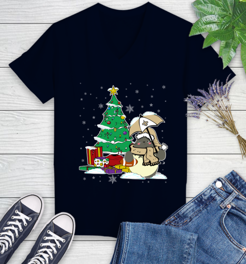 New Orleans Saints NFL Football Cute Tonari No Totoro Christmas Sports Women's V-Neck T-Shirt 2