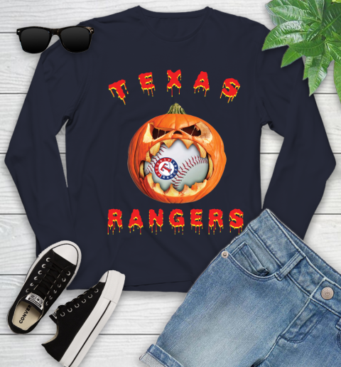 MLB Texas Rangers Halloween Pumpkin Baseball Sports Youth Long Sleeve 3