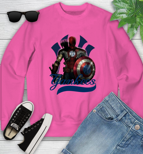 MLB Captain America Thor Spider Man Hawkeye Avengers Endgame Baseball New York Yankees Youth Sweatshirt 7
