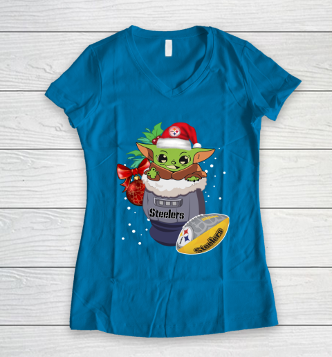 Pittsburgh Steelers Christmas Baby Yoda Star Wars Funny Happy NFL Women's V-Neck T-Shirt 7