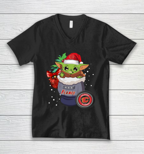 Calgary Flames Christmas Baby Yoda Star Wars Funny Happy NHL V-Neck T-Shirt