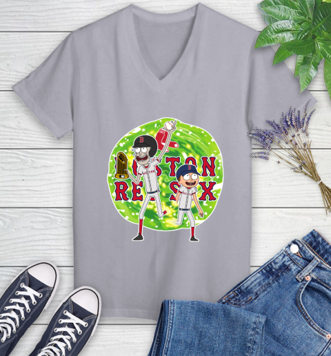 MLB Boston Red Sox Rick And Morty Commissioner's Trophy Baseball Sports Women's V-Neck T-Shirt 4