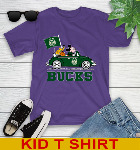 NBA Basketball Milwaukee Bucks Pluto Mickey Driving Disney Shirt Youth T-Shirt 4