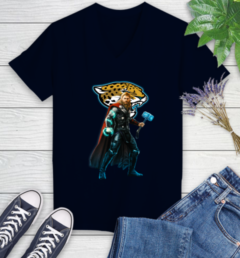 NFL Thor Avengers Endgame Football Jacksonville Jaguars Women's V-Neck T-Shirt 3