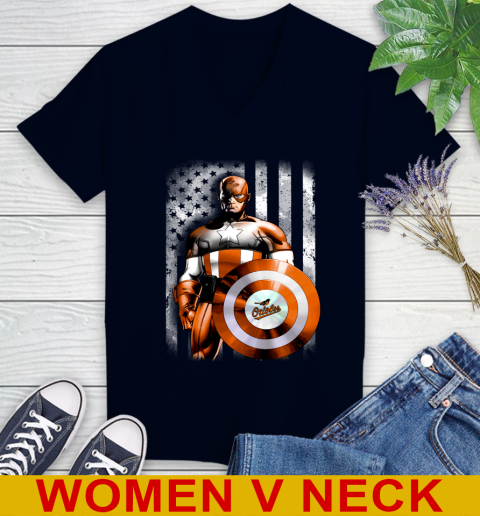 Baltimore Orioles MLB Baseball Captain America Marvel Avengers American Flag Shirt Women's V-Neck T-Shirt 2