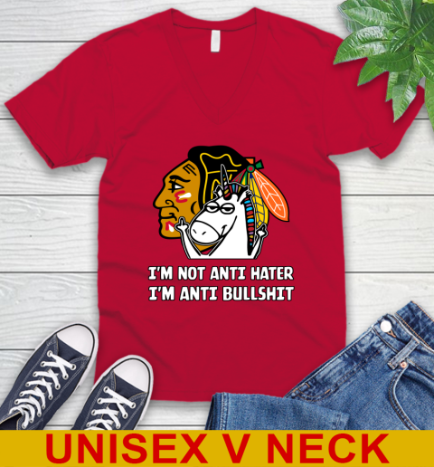 Chicago Blackhawks NHL Hockey Unicorn I'm Not Anti Hater I'm Anti Bullshit V-Neck T-Shirt 7