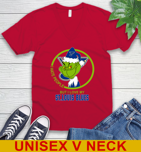 St.Louis Blues NHL Christmas Grinch I Hate People But I Love My Favorite Hockey Team V-Neck T-Shirt 7