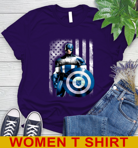 Kansas City Royals MLB Baseball Captain America Marvel Avengers American Flag Shirt Women's T-Shirt 4