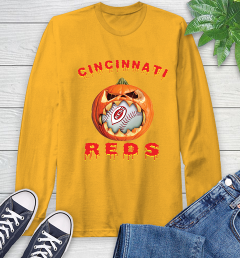 MLB Cincinnati Reds Halloween Pumpkin Baseball Sports Long Sleeve T-Shirt 3