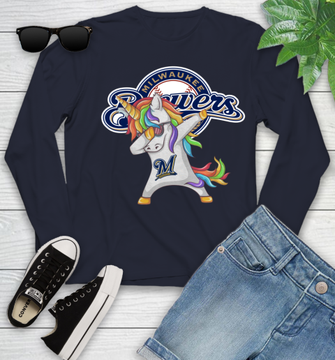 Milwaukee Brewers MLB Baseball Funny Unicorn Dabbing Sports Youth Long Sleeve 3