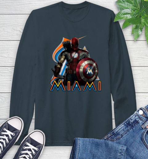 MLB Captain America Thor Spider Man Hawkeye Avengers Endgame Baseball Miami Marlins Long Sleeve T-Shirt 8