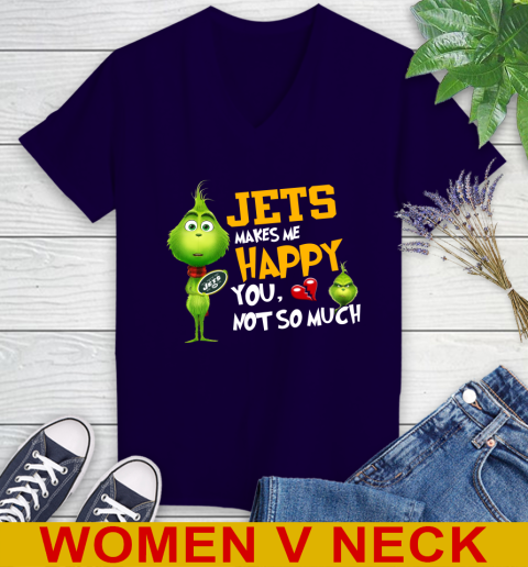 NFL New York Jets Makes Me Happy You Not So Much Grinch Football Sports Women's V-Neck T-Shirt 3