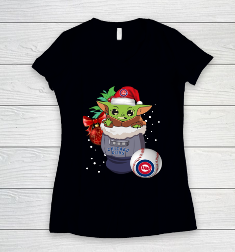 Chicago Cubs Christmas Baby Yoda Star Wars Funny Happy MLB Women's V-Neck T-Shirt