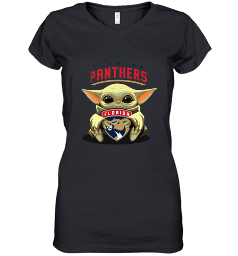 Baby Yoda Hugs The Florida Panthers Ice Hockey Women's V-Neck T-Shirt