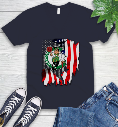 Boston Celtics NBA Basketball American Flag V-Neck T-Shirt 2