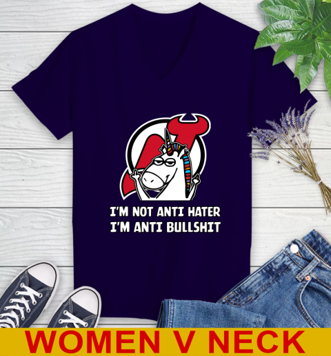 New Jersey Devils NHL Hockey Unicorn I'm Not Anti Hater I'm Anti Bullshit Women's V-Neck T-Shirt 5 New Jersey Devils NHL Hockey Unicorn I'm Not Anti Hater I'm Anti Bullshit Women's V-Neck T-Shirt - Image 5