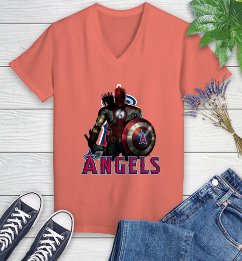 MLB Captain America Thor Spider Man Hawkeye Avengers Endgame Baseball Los Angeles Angels Women's V-Neck T-Shirt 6