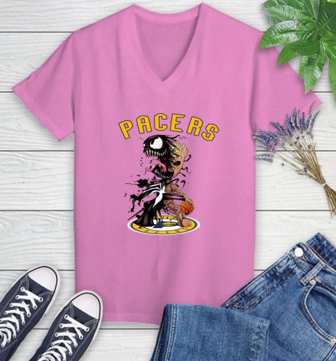 NBA Indiana Pacers Basketball Venom Groot Guardians Of The Galaxy Women's V-Neck T-Shirt 14