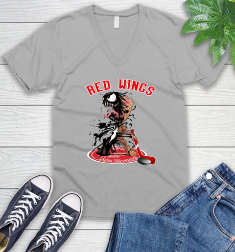 NHL Detroit Red Wings Hockey Venom Groot Guardians Of The Galaxy V-Neck T-Shirt 4