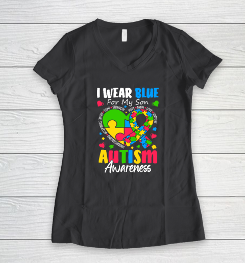 I Wear Blue For My Son Autism Awareness Women's V-Neck T-Shirt 4