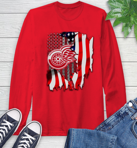 Detroit Red Wings NHL Hockey American Flag Long Sleeve T-Shirt 11