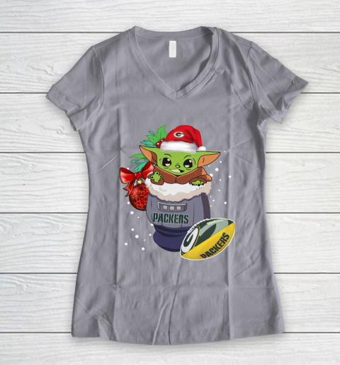 Green Bay Packers Christmas Baby Yoda Star Wars Funny Happy NFL Women's V-Neck T-Shirt 4