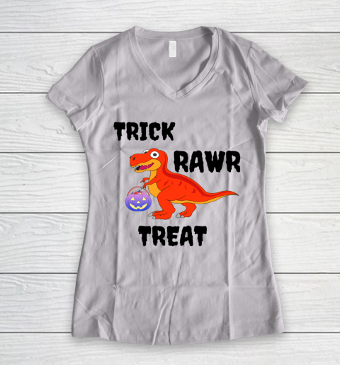 Funny Dinosaur Halloween Trick Rawr Treat Pun Women's V-Neck T-Shirt