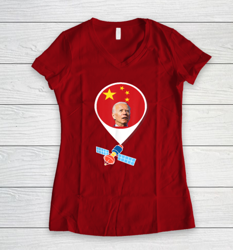 Chinese Spy Balloon Funny Surveillance Joe Biden China Flag Women's V-Neck T-Shirt 6