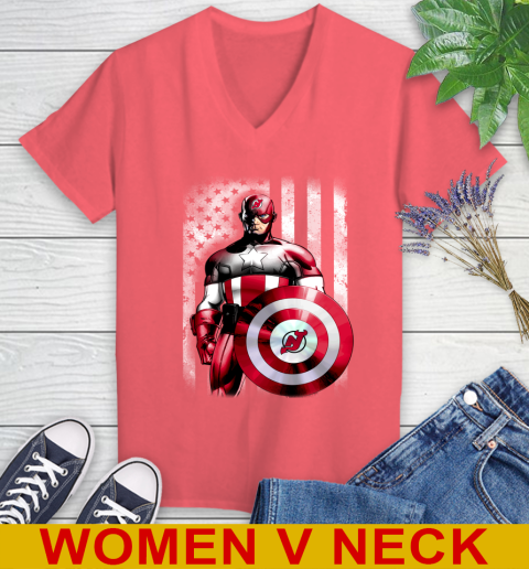 New Jersey Devils NHL Hockey Captain America Marvel Avengers American Flag Shirt Women's V-Neck T-Shirt - Image 7