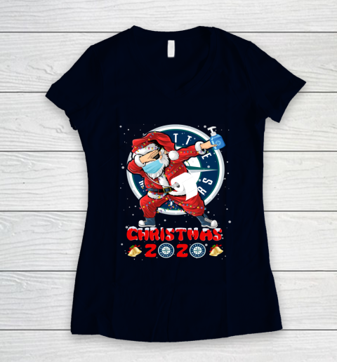 Seattle Mariners Funny Santa Claus Dabbing Christmas 2020 MLB Women's V-Neck T-Shirt 2