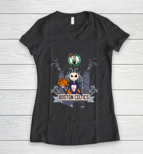 NBA Boston Celtics Basketball Jack Skellington Halloween Women's V-Neck T-Shirt 6