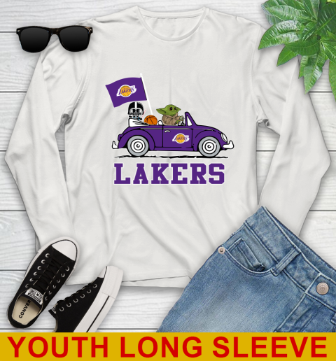 NBA Basketball Los Angeles Lakers Darth Vader Baby Yoda Driving Star Wars Shirt Youth Long Sleeve 12